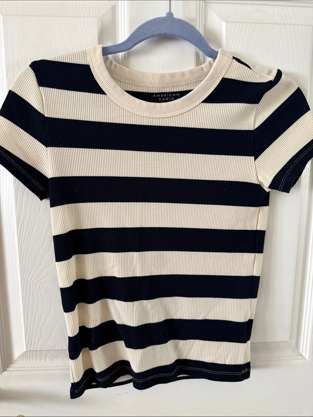 American Eagle Outfitters Black and Cream Striped Ribbed Short Sleeve Tee
